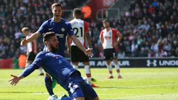 SOUTHAMPTON, ENGLAND - APRIL 14: Olivier Giroud of Chelsea celebrates after scoring his sides third goal during the Premier League match between Southampton and Chelsea at St Mary's Stadium on April 14, 2018 in Southampton, England. (Photo by Henry Browne/Getty Images)