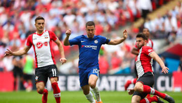 LONDON, ENGLAND - APRIL 22: Eden Hazard of Chelsea and Wesley Hoedt of Southampton during The Emirates FA Cup Semi Final match between Chelsea and Southampton at Wembley Stadium on April 22, 2018 in London, England. (Photo by Robbie Jay Barratt - AMA/Getty Images)