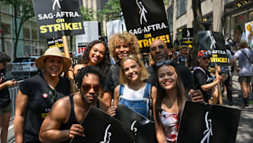 NEW YORK, NEW YORK - JULY 17: Cast members from "Pretty Little Liars: Original Sin" and "Star Trek: Picard" Maia Reficco, Bailee Madison, Chandler Kinney and Michelle Hurd join members of the Writers Guild of America East and SAG-AFTRA as they walk the picket line on Day 2 outside NBC Rockefeller center on July 17, 2023 in New York City. Members of SAG-AFTRA, Hollywood’s largest union which represents actors and other media professionals, have joined striking WGA (Writers Guild of America) workers in the first joint walkout against the studios since 1960. The strike could shut down Hollywood productions completely with writers in the third month of their strike against the Hollywood studios. (Photo by Alexi Rosenfeld/Getty Images)