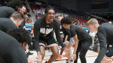 CHARLOTTE, NORTH CAROLINA - MARCH 04: Cedric Henderson Jr. #45 of the Campbell Fighting Camels is introduced before the quarterfinal of the Hercules Tires Big South Conference basketball tournament against the Gardner Webb Runnin Bulldogs at the Bojangles Coliseum on March 4, 2022 in Charlotte, North Carolina. (Photo by Mitchell Layton/Getty Images)