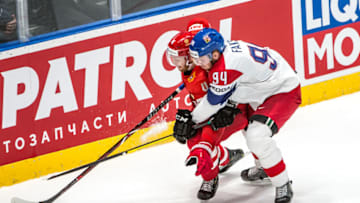 BRATISLAVA, SLOVAKIA - MAY 26: #4 Vladislav Gavrikov of Russia vies with #94 Radek Faksa of Czech Republic during the 2019 IIHF Ice Hockey World Championship Slovakia third place play-off game between Russia and Czech Republic at Ondrej Nepela Arena on May 26, 2019 in Bratislava, Slovakia. (Photo by RvS.Media/Robert Hradil/Getty Images)
