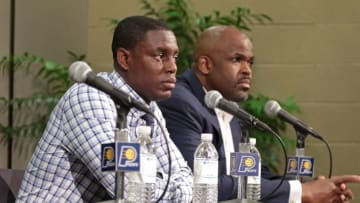INDIANAPOLIS, IN - JULY 07: President of basketball operations, Kevin Pritchard and Head Coach, Nate McMillan of the Indiana Pacers introduce Victor Oladipo, Domantas Sabonis and Darren Collison during a press conference at Bankers Life Fieldhouse on July 7, 2017 in Indianapolis, Indiana. NOTE TO USER: User expressly acknowledges and agrees that, by downloading and or using this Photograph, user is consenting to the terms and condition of the Getty Images License Agreement. Mandatory Copyright Notice: 2017 NBAE (Photo by Ron Hoskins/NBAE via Getty Images)