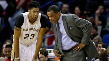 Jan 23, 2016; New Orleans, LA, USA; New Orleans Pelicans head coach Alvin Gentry talks to forward Anthony Davis (23) during the first half of a game against the Milwaukee Bucks at the Smoothie King Center. Mandatory Credit: Derick E. Hingle-USA TODAY Sports