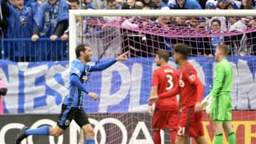 Oct 16, 2016; Montreal, Quebec, CAN; Montreal Impact midfielder Ignacio Piatti (10) reacts after scoring a goal against Toronto FC goalkeeper Clint Irwin (1) during the first half at Stade Saputo. Mandatory Credit: Eric Bolte-USA TODAY Sports