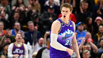SALT LAKE CITY, UTAH - FEBRUARY 23: Lauri Markkanen #23 of the Utah Jazz celebrates a three point basket in overtime against the Oklahoma City Thunder at Vivint Arena on February 28, 2023 in Salt Lake City, Utah. NOTE TO USER: User expressly acknowledges and agrees that, by downloading and or using this photograph, User is consenting to the terms and conditions of the Getty Images License Agreement. (Photo by Alex Goodlett/Getty Images)