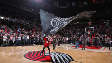 PORTLAND, OR - FEBRUARY 2: Blaze the Trail Cat gets the crowd into the game against the Milwaukee Bucks on February 2, 2016 at the Moda Center Arena in Portland, Oregon. NOTE TO USER: User expressly acknowledges and agrees that, by downloading and or using this photograph, user is consenting to the terms and conditions of the Getty Images License Agreement. Mandatory Copyright Notice: Copyright 2016 NBAE (Photo by Sam Forencich/NBAE via Getty Images)