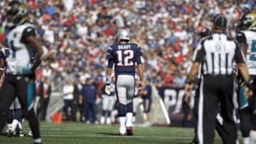 Sep 27, 2015; Foxborough, MA, USA; New England Patriots quarterback Tom Brady (12) after the game against the Jacksonville Jaguars in the second half at Gillette Stadium. The Patriots defeated the the Jacksonville Jaguars 51-17. Mandatory Credit: David Butler II-USA TODAY Sports