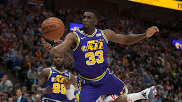 SALT LAKE CITY, UT - DECEMBER 6: Ekpe Udoh #33 of the Utah Jazz grabs a rebound against the Houston Rockets during their game at the Vivint Smart Home Arena on December 6, 2018 in Salt Lake City , Utah. (Photo by Chris Gardner/Getty Images)