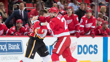 DETROIT, MI - NOVEMBER 15: Luke Witkowski #28 of the Detroit Red Wings drops the gloves with Brett Kulak #61 of the Calgary Flames during an NHL game at Little Caesars Arena on November 15, 2017 in Detroit, Michigan. The Red Wings defeated the Flames 8-2. (Photo by Dave Reginek/NHLI via Getty Images)