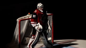 Jan 12, 2016; Glendale, AZ, USA; Arizona Coyotes goalie Louis Domingue (35) looks on prior to the game against the Edmonton Oilers at Gila River Arena. Mandatory Credit: Matt Kartozian-USA TODAY Sports