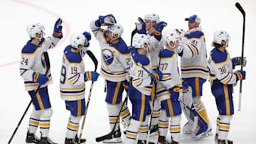 WASHINGTON, DC - JANUARY 03: The Buffalo Sabres celebrate after defeating the Washington Capitals during overtime at Capital One Arena on January 3, 2023 in Washington, DC. (Photo by Patrick Smith/Getty Images)