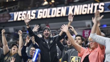 LAS VEGAS, NV - OCTOBER 01: Vegas Golden Knights fans cheer on their team against the San Jose Sharks during the game at T-Mobile Arena on October 1, 2017 in Las Vegas, Nevada. (Photo by Jeff Bottari/NHLI via Getty Images) *** LOCAL CAPTION ***