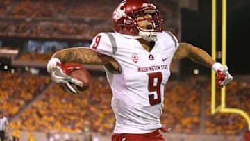 Oct 22, 2016; Tempe, AZ, USA; Washington State Cougars wide receiver Gabe Marks (9) celebrates after scoring a touchdown against the Arizona State Sun Devils at Sun Devil Stadium. Mandatory Credit: Mark J. Rebilas-USA TODAY Sports