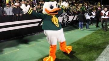 Oct 5, 2013; Boulder, CO, USA; Oregon Ducks mascot The Duck reacts following the win over the Colorado Buffaloes at Folsom Field. The Ducks defeated the Buffaloes 57-16. Mandatory Credit: Ron Chenoy-USA TODAY Sports