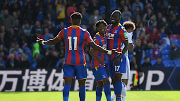 LONDON, ENGLAND - AUGUST 05: Christian Benteke of Crystal Palace (centre) celebrates with Wilfried Zaha (11) and Jason Lokilo after equalising during a Pre Season Friendly between Crystal Palace and FC Schalke 04 at Selhurst Park on August 5, 2017 in London, England. (Photo by Mike Hewitt/Getty Images)