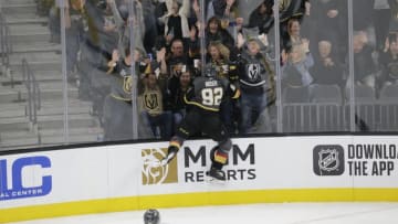 LAS VEGAS, NV - NOVEMBER 19: Vegas Golden Knights left wing Tomas Nosek (92) celebrates after scoring a goal against the Toronto Maple Leafs during a regular season game Tuesday, Nov. 19, 2019, at T-Mobile Arena in Las Vegas, Nevada. (Photo by: Marc Sanchez/Icon Sportswire via Getty Images)
