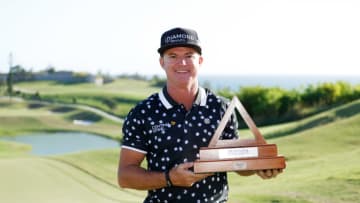 SOUTHAMPTON, BERMUDA - NOVEMBER 01: Brian Gay of the United States celebrates with the trophy after winning during a playoff in the final round of the Bermuda Championship at Port Royal Golf Course on November 01, 2020 in Southampton, Bermuda. (Photo by Gregory Shamus/Getty Images)