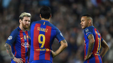 BARCELONA, SPAIN - OCTOBER 19: Lionel Messi, Luis Suarez and Neymar Jr. of FC Barcelona during the UEFA Champions League Group C match between FC Barcelona and Manchester City FC at Camp Nou on October 19, 2016 in Barcelona, Spain. (Photo by Visionhaus/Corbis via Getty Images)