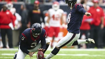 Sep 18, 2016; Houston, TX, USA; Houston Texans kicker Nick Novak (8) kicks a field goal during the second quarter against the Kansas City Chiefs at NRG Stadium. Mandatory Credit: Troy Taormina-USA TODAY Sports