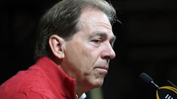 SAN JOSE, CA - JANUARY 05: Head Coach Nick Saban of the Alabama Crimson Tide speaks to the media during the College Football Playoff National Championship Media Day at SAP Center on January 5, 2019 in San Jose, California. (Photo by Thearon W. Henderson/Getty Images)