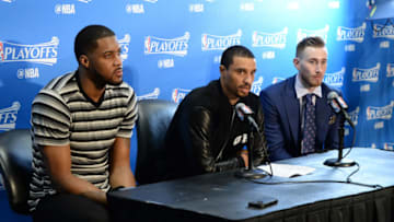 LOS ANGELES, CA - APRIL 30: Derrick Favors #15, George Hill #3, and Gordon Hayward #20 of the Utah Jazz speak to the media after Game Seven of the Western Conference Quarterfinals of the 2017 NBA Playoffs on April 30, 2017 at STAPLES Center in Los Angeles, California. Copyright 2017 NBAE (Photo by Andrew D. Bernstein/NBAE via Getty Images)