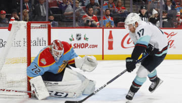 SUNRISE, FL - DECEMBER 11: Goaltender Sergei Bobrovsky #72 of the Florida Panthers drops down to stop the shot by Jaden Schwartz #17 of the Seattle Kraken during the second period of the game at the FLA Live Arena on December 11, 2022 in Sunrise, Florida. (Photo by Joel Auerbach/Getty Images)