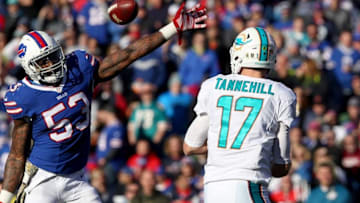 Nov 8, 2015; Orchard Park, NY, USA; Buffalo Bills outside linebacker Nigel Bradham (53) tries to block a pass by Miami Dolphins quarterback Ryan Tannehill (17) during the second half at Ralph Wilson Stadium. Buffalo beats Miami 33 to 17. Mandatory Credit: Timothy T. Ludwig-USA TODAY Sports