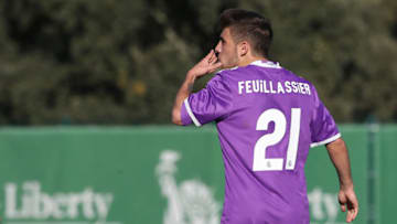 ALCOCHETE, PORTUGAL - NOVEMBER 22: Real Madrid's forward Franchu celebrates after scoring a goal during the UEFA Youth Champions League match between Sporting Clube de Portugal and Real Madrid CF at Academia Sporting on November 22, 2016 in Alcochete, Portugal. (Photo by Gualter Fatia/Getty Images)