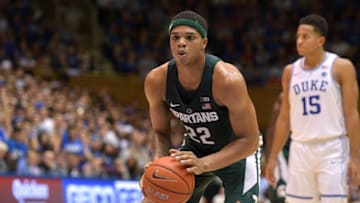 DURHAM, NC - NOVEMBER 29: Miles Bridges #22 of the Michigan State Spartans concentrates at the free-throw line against the Duke Blue Devils at Cameron Indoor Stadium on November 29, 2016 in Durham, North Carolina. (Photo by Lance King/Getty Images)