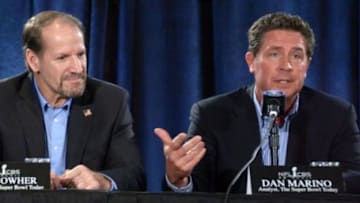 Jan 29, 2013, New Orleans, LA, USA; Pittsburgh Steelers former coach Bill Cowher (left) and Miami Dolphins former quarterback Dan Marino at CBS sports Super Bowl XLVII press conference at the New Orleans Ernest N. Morial Convention Center. Mandatory Credit: Kirby Lee-USA TODAY Sports