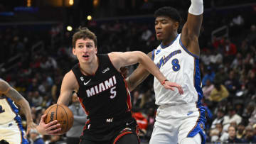 Miami Heat forward Nikola Jovic (5) looks to pass as Washington Wizards forward Rui Hachimura (8) defends(Brad Mills-USA TODAY Sports)