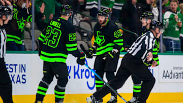 Jan 30, 2022; Dallas, Texas, USA; Dallas Stars right wing Alexander Radulov (47) and defenseman Esa Lindell (23) celebrates scoring a goal against the Boston Bruins during the first period at the American Airlines Center. Mandatory Credit: Jerome Miron-USA TODAY Sports