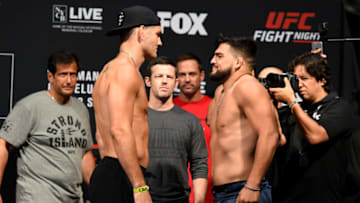 UNIONDALE, NEW YORK - JULY 21: (L-R) Chris Weidman and Kelvin Gastelum face off during the UFC Fight Night weigh-in inside the Nassau Veterans Memorial Coliseum on July 21, 2017 in Uniondale, New York. (Photo by Josh Hedges/Zuffa LLC/Zuffa LLC via Getty Images)