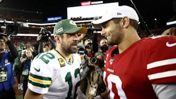 SANTA CLARA, CALIFORNIA - NOVEMBER 24: Aaron Rodgers #12 of the Green Bay Packers shakes hands with Jimmy Garoppolo #10 of the San Francisco 49ers after their game at Levi's Stadium on November 24, 2019 in Santa Clara, California. (Photo by Ezra Shaw/Getty Images)