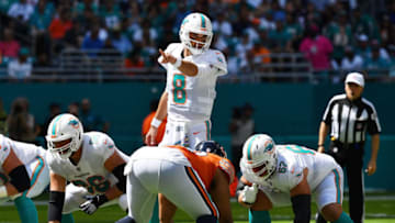 MIAMI, FL - OCTOBER 14: Brock Osweiler #8 of the Miami Dolphins calls a play against the Chicago Bears in the first quarter of the game at Hard Rock Stadium on October 14, 2018 in Miami, Florida. (Photo by Mark Brown/Getty Images)