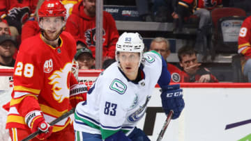 CALGARY, AB - DECEMBER 29: Elias Lindholm #28 of the Calgary Flames battles against Jay Beagle #83 of the Vancouver Canucks at Scotiabank Saddledome on December 29, 2019 in Calgary, Alberta, Canada. (Photo by Gerry Thomas/NHLI via Getty Images)
