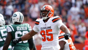 CLEVELAND, OH - OCTOBER 08: Myles Garrett #95 of the Cleveland Browns celebrates a play in the game against the New York Jets at FirstEnergy Stadium on October 8, 2017 in Cleveland, Ohio. (Photo by Joe Robbins/Getty Images)