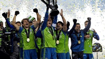 Dec 10, 2016; Toronto, Canada; The Seattle Sounders celebrates with Philip F. Anschutz Trophy after beating Toronto FC in the 2016 MLS Cup at BMO Field. Mandatory Credit: Nick Turchiaro-USA TODAY Sports