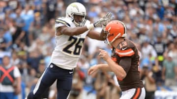 Oct 4, 2015; San Diego, CA, USA; San Diego Chargers cornerback Patrick Robinson (26) pressures Cleveland Browns quarterback Josh McCown (13) during the 1st half at Qualcomm Stadium. Mandatory Credit: Robert Hanashiro-USA TODAY Sports
