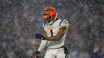 ORCHARD PARK, NY - JANUARY 22: Ja'Marr Chase #1 of the Cincinnati Bengals gets set against the Buffalo Bills at Highmark Stadium on January 22, 2023 in Orchard Park, New York. (Photo by Cooper Neill/Getty Images)