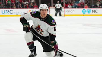 Nov 23, 2022; Raleigh, North Carolina, USA; Arizona Coyotes defenseman Jakob Chychrun (6) looks on against the Carolina Hurricanes during the second period at PNC Arena. Mandatory Credit: James Guillory-USA TODAY Sports