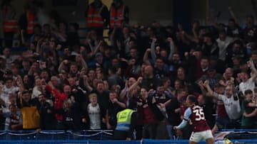 LONDON, ENGLAND - SEPTEMBER 22: Cameron Archer of Aston Villa celebrates after scoring a goal to make it 1-1 during the Carabao Cup Third Round match between Chelsea and Aston Villa at Stamford Bridge on September 22, 2021 in London, England. (Photo by James Williamson - AMA/Getty Images)