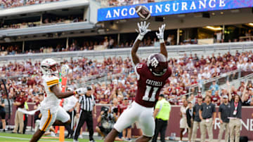 COLLEGE STATION, TEXAS - SEPTEMBER 16: Raymond Cottrell #11 of the Texas A&M Aggies makes a reception for a touchdown against the Louisiana Monroe Warhawks during the second half at Kyle Field on September 16, 2023 in College Station, Texas. (Photo by Carmen Mandato/Getty Images)