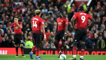 MANCHESTER, ENGLAND - AUGUST 27: Ander Herrera, Jesse Lingard, Paul Pogba and Romelu Lukaku of Manchester United looks dejected during the Premier League match between Manchester United and Tottenham Hotspur at Old Trafford on August 27, 2018 in Manchester, United Kingdom. (Photo by Michael Regan/Getty Images)