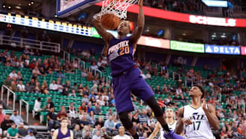 Oct 12, 2016; Salt Lake City, UT, USA; Phoenix Suns guard Archie Goodwin (20) dunks the basket ball against the Utah Jazz during the fourth quarter at Vivint Smart Home Arena. Phoenix Suns beat the Utah Jazz 111-110. Mandatory Credit: Chris Nicoll-USA TODAY Sports