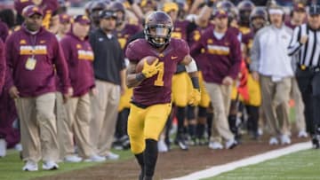 Oct 22, 2016; Minneapolis, MN, USA; Minnesota Golden Gophers running back Rodney Smith (1) runs a touchdown back on a kickoff in the second half against the Rutgers Scarlet Knights at TCF Bank Stadium. The Gophers won 34-32. Mandatory Credit: Jesse Johnson-USA TODAY Sports