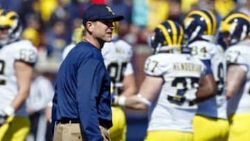 Apr 4, 2015; Ann Arbor, MI, USA; Michigan Wolverines head coach Jim Harbaugh is seen during the Spring football game at Michigan Stadium. Mandatory Credit: Rick Osentoski-USA TODAY Sports