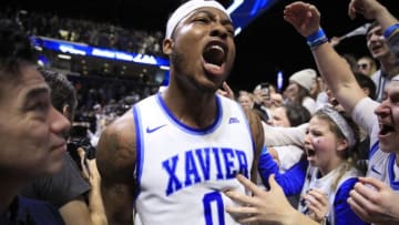 CINCINNATI, OHIO - FEBRUARY 24: Tyrique Jones #0 of the Xavier Musketeers celebrates after the 66-54 win over the Villanova Wildcats at Cintas Center on February 24, 2019 in Cincinnati, Ohio. (Photo by Andy Lyons/Getty Images)