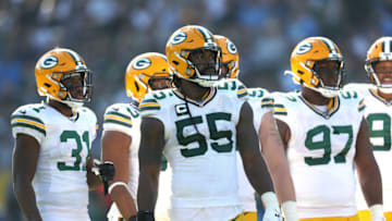 CARSON, CALIFORNIA - NOVEMBER 03: Za'Darius Smith #55, Adrian Amos #31 and Kenny Clark #97 of the Green Bay Packers look on during the second half of a game against the Los Angeles Chargers t Dignity Health Sports Park on November 03, 2019 in Carson, California. (Photo by Sean M. Haffey/Getty Images)