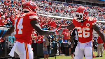 JACKSONVILLE, FLORIDA - SEPTEMBER 08: Wide receiver Sammy Watkins #14 celebrates his touchdown with running back Damien Williams #26 of the Kansas City Chiefs in the first quarter of the game against the Jacksonville Jaguars at TIAA Bank Field on September 08, 2019 in Jacksonville, Florida. (Photo by Sam Greenwood/Getty Images)